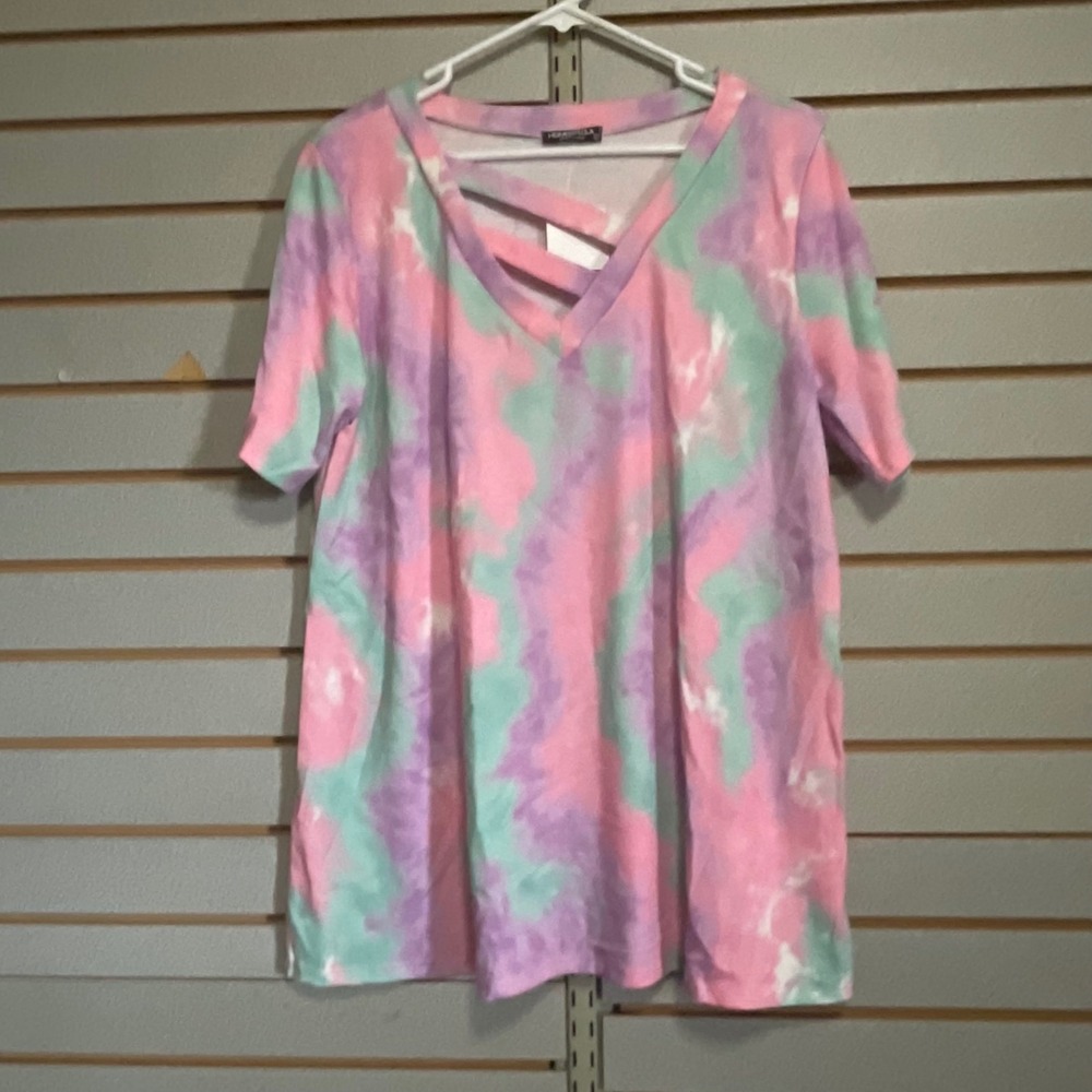 Heimish USA Womens Tie Dye Strappy V-Neck‎ Top Pink Purple Mint Green Large NWTS